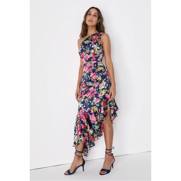 Lulus Dresses & Skirts - Lulus Women's XS Blue Floral Satin One Shoulder Formal Dress Prom Gown Wedding!